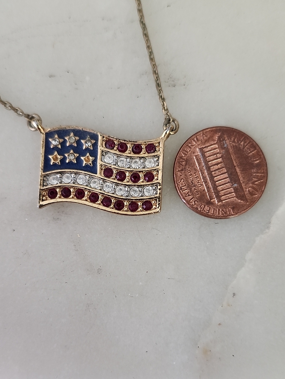 Avon Patriotic Crystal American Flag Pendant Necklace - Gold Tone, Red & Blue - Picture 6 of 7